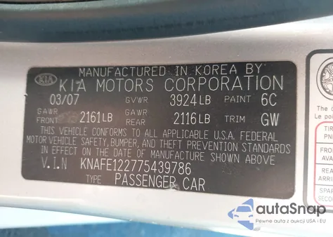 2007 Kia Spectra Ex from USA, damaged, VIN KNAFE122775439786